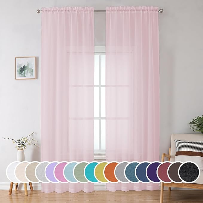 OWENIE Extra Long Sheer Curtains 96 Inches Long, Rod Pocket Airy Solid Blush Sheer Panels, Elegant Voile Sheer Curtains & Drapes for Living Room Bedroom 2 Panels Set, Each 42Wx96L inch