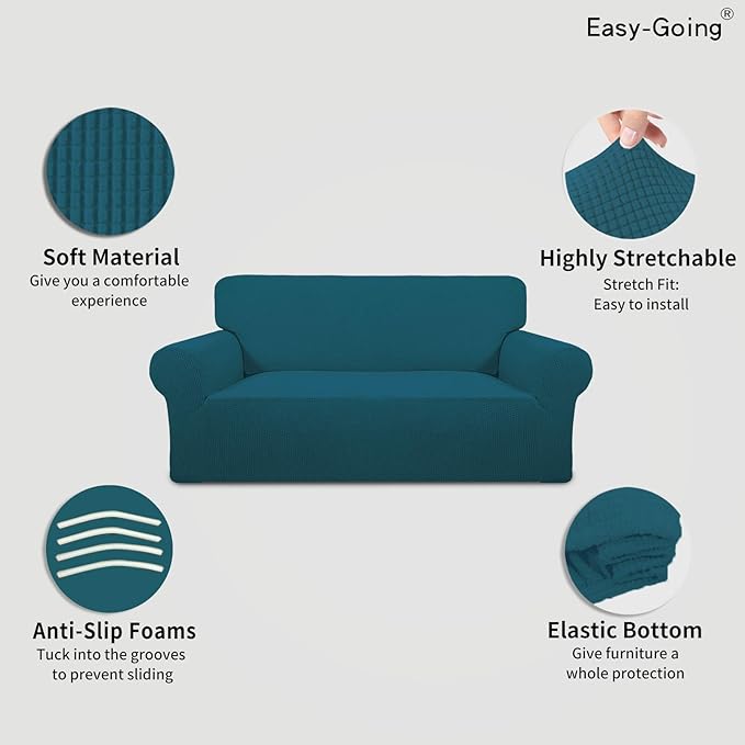 Easy-Going Stretch Oversized Loveseat Slipcover 1-Piece Sofa Cover Furniture Protector Couch Soft with Elastic Bottom for Kids Polyester Spandex Jacquard Fabric Small Checks Peacock Blue