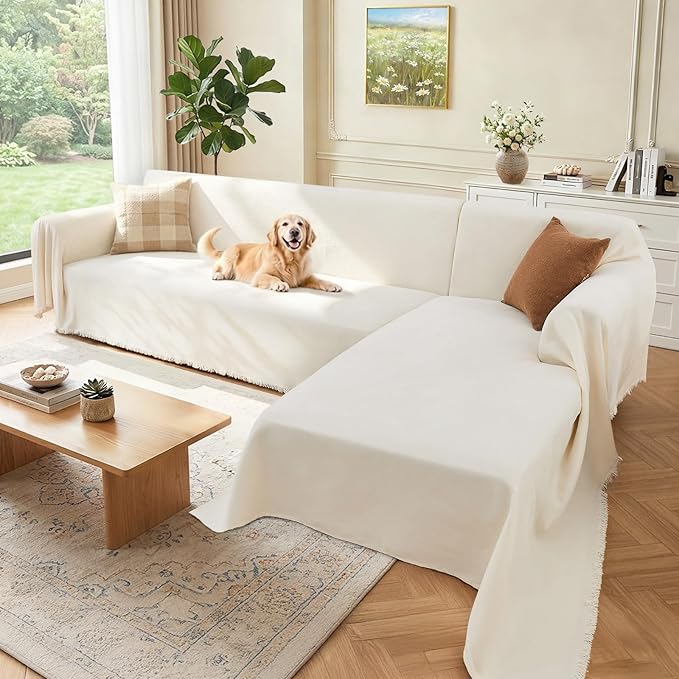 Sectional Couch Covers, 2 Pieces Washable L Shaped Couch Covers Sofa Blanket for Dogs Pet Friendly Sectional Sofa Slipcovers Furniture Covers,71"x 102"+ 71"x 110",(Large,Cream White)