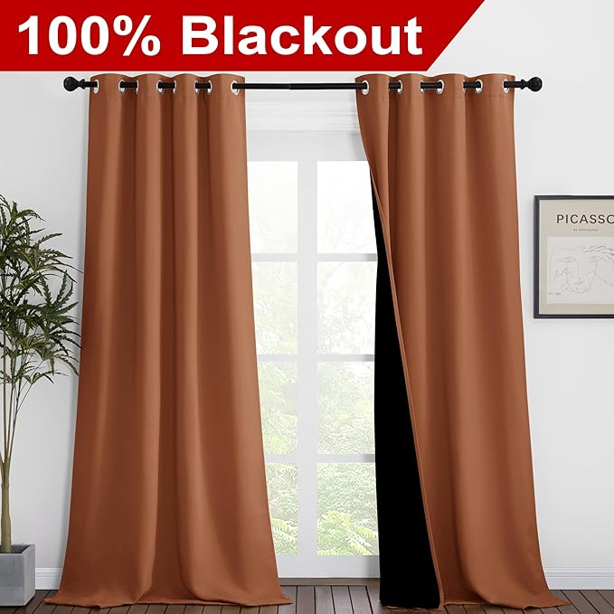 NICETOWN Burnt Orange Blackout Curtains 90 inches Long, Full Light Blocking Drapes with Black Liner for Nursery, Thermal Insulated Draperies for Hall, Villa (2 Pieces, 46" Wide Each Panel)