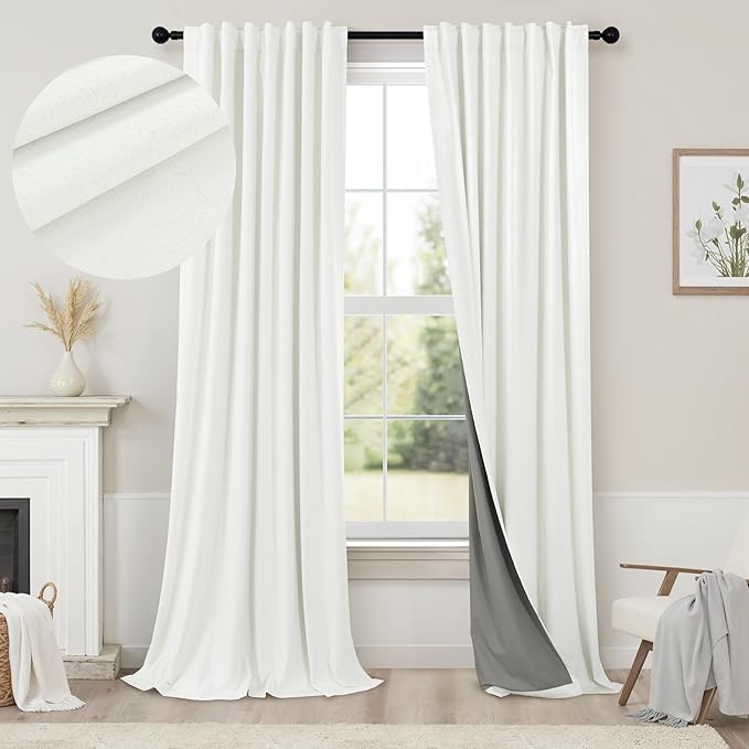 Ivory Blackout Curtains 90 Inches Long 2 Panel Light Blocking Patio Drape for Sliding Glass Doors Rustic Country Curtain for Nursery Bedroom Thick Linen Cotton Textured Off White Back Tab Pocket 52x90
