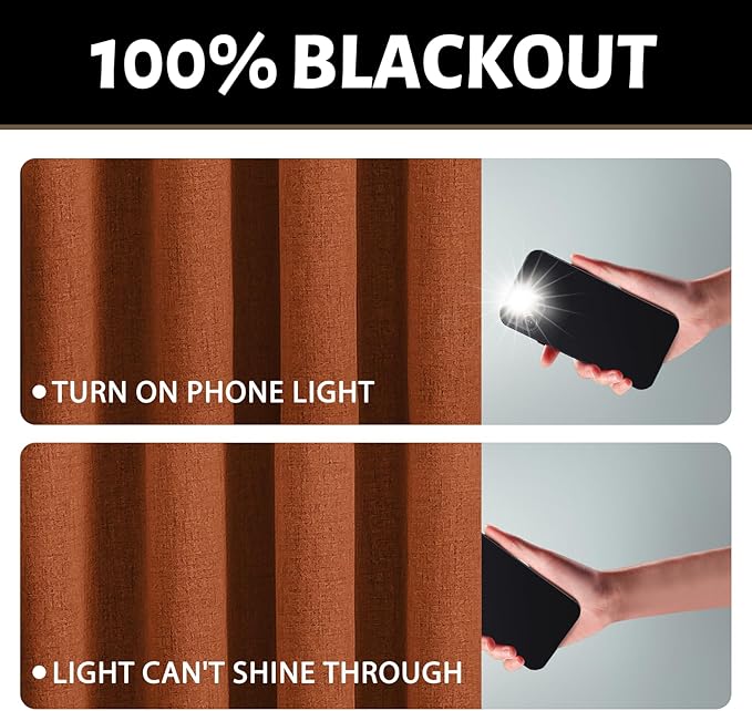 Yakamok Burnt Orange Linen Curtains 100% Blackout 90 Inches Long,Room Darkening Textured Curtains for Living Room Thermal Grommet Bedroom Curtains 2 Panels with White Liner