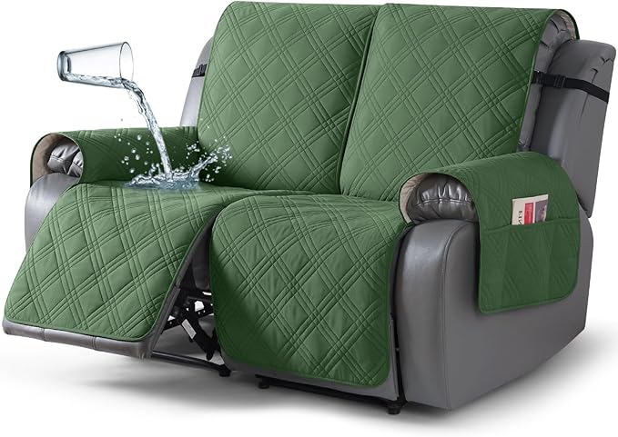 TAOCOCO 100% Waterproof Loveseat Recliner Covers 2 Seater, Split Loveseat Covers for Reclining loveseat, Non Slip Reclining Couch Cover with Double Straps for Kids, Pets(2 Seater, Vine Green)