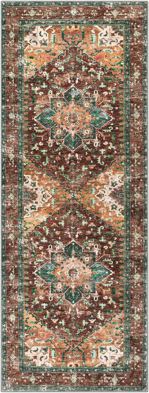 Yamaziot Washable Runner Rug, 2x6 Non-Slip Boho Vintage Hallway Rug Runner with Rubber Backing, Stain Resistant Distressed Carpet Runner for Bedroom, Kitchen, Laundry, Entrance