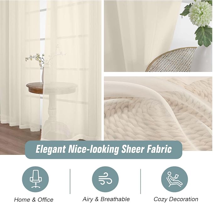 Cream Sheer Curtains 63 Inch Length 2 Panels, Voile Sheer Curtain for Living Room, Breathable Light Filtering Modern Window Treatments, Soft Fabric Dual Rod Pocket Drapes, 2x42Wx63L Inches