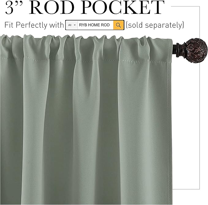 RYB HOME Kitchen Blackout Curtains Over Sink 36 inch Length, Rod Pocket Summer Light UV Blocking Energy Efficient, Cabinet Shelf Cupboard Coverings, Width 29 by Length 36, Greyish Green, 2 Panels