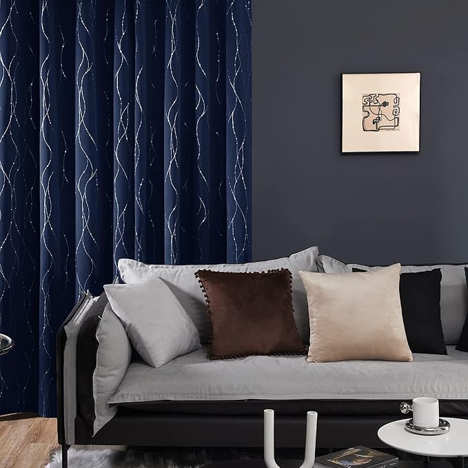 Deconovo Navy Blue Curtains, Blackout Curtain for Bedroom, 38 x 84 Inch, Thermal Insulated Soundproof Privacy Drapes with Silver Wave Dots Pattern, Grommet Top, Machine Washable Panel for Living Room