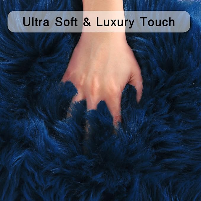 duduta Navy Blue Faux Sheepskin Runner Rugs 2x6 ft, Fluffy Shag Bedroom Bedside Rug Fur Couch Sofa Covers Washable