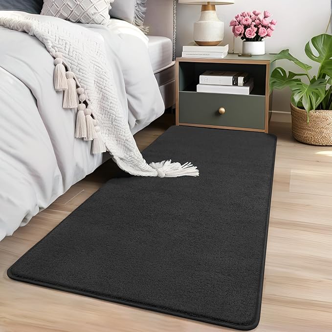 AROGAN 2x4 Feet Shag Runner Rug for Hallways, Washable Rugs with Memory Foam for Bedroom, Entryway Indoor Fluffy Throw Rug for Bedside Living Room Kids Girls Nursery Dorm Room Decor, Black