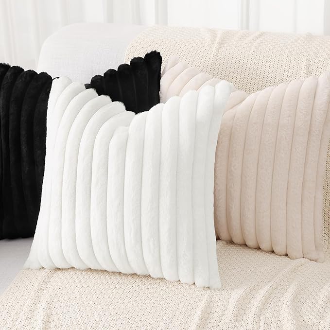 decorUhome Cozy Faux Fur Throw Pillow Covers 20x20 Set of 2 Decorative Soft Plush Striped Modern Farmhouse Boho Couch Pillow Cases with Velvet Back for Sofa Bed Living Room, Black