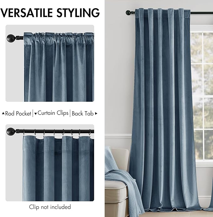 MIULEE Velvet Curtains 84 inches - Luxury Blackout Curtains for Bedroom Living Room Super Soft Light Blue Thermal Insulated Dusty Blue Window Drapes Back Tab, Stone Blue, W52 x L84 inches, 2 Panels
