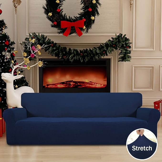 Easy-Going Stretch 4 Seater Sofa Slipcover 1-Piece Sofa Cover Furniture Protector Couch Soft with Elastic Bottom for Kids, Polyester Spandex Jacquard Fabric Small Checks Navy