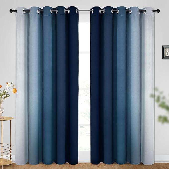 SimpleHome Ombre Room Darkening Curtains for Bedroom, Gradient Dark Blue to Grey White Light Blocking Thermal Insulated Grommet Window Curtain/Drapes for Living Room,2 Panels, 70x84 inches Length