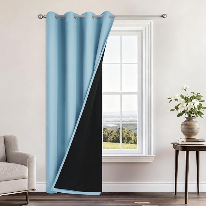 Yakamok 100% Blackout Curtains 84 Inches Long, 2 Thick Layers Heat and Full Light Blocking Soft Thermal Insulated Drapes for Bedroom(52" Wide Each Panel, Sky Blue, 1 Panel)
