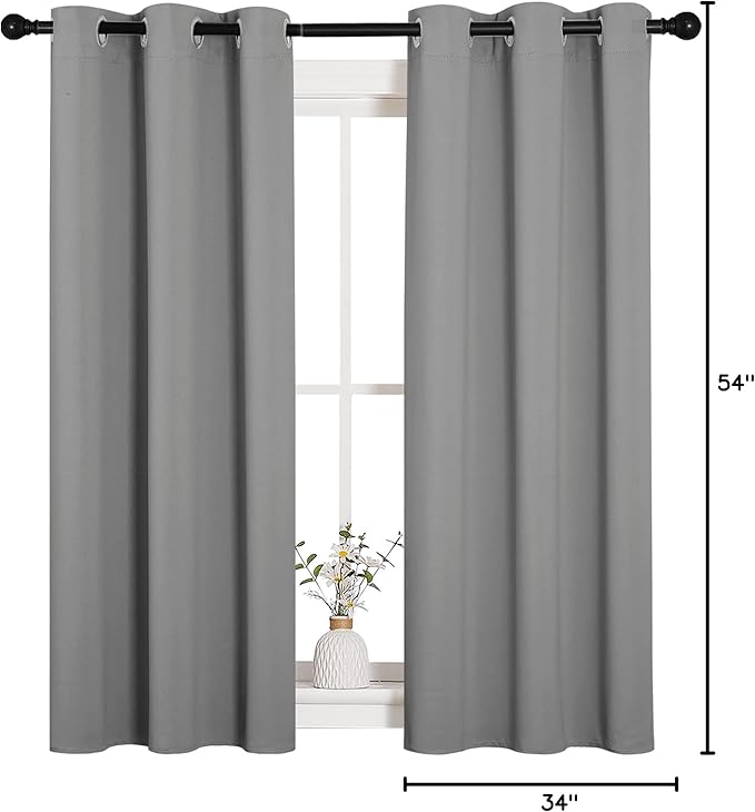 NICETOWN Bedroom Curtains Blackout Drapery Panels, Three Pass Microfiber Thermal Insulated Solid Ring Top Blackout Window Curtains/Drapes (Two Panels, 34 x 54 inches, Silver Grey)