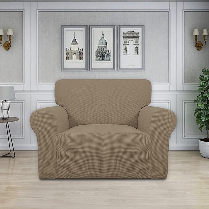 Easy-Going Stretch Oversized Chair Sofa Slipcover 1-Piece Couch Sofa Cover Furniture Protector Soft with Elastic Bottom for Kids Spandex Jacquard Fabric Small Checks Natural