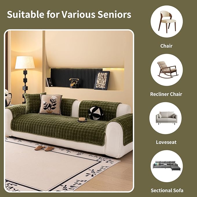 Velvet Couch Cover, Washable Sectional Sofa Cover, Anti Slip Sofa Slipcover for 3 Cushion Couch Sofa L Shaped Armrest Backrest, Furniture Protector Covers for Pets Kids(1PC, Green, 28"×28")