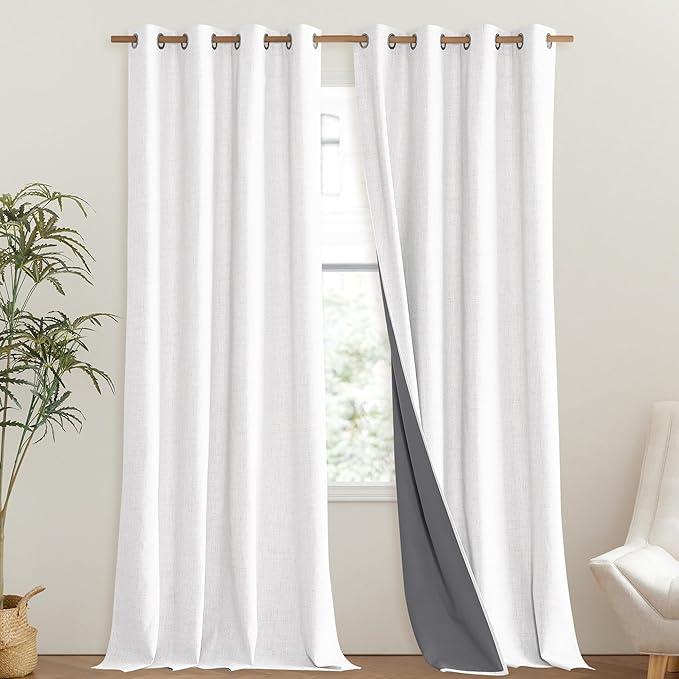 NICETOWN 100% Absolutely Blackout Linen Curtains with Thermal Insulated Liner, Greyish White, 52" Wide, 108" Length Energy Saving Curtains for Living Room 2 Panels Set, Vertical Blinds