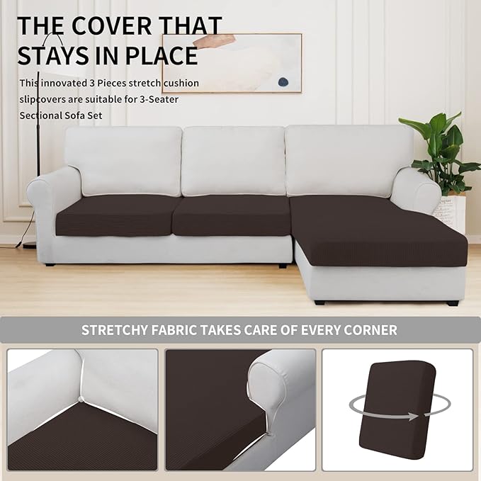 Easy-Going Stretch 3 Pieces Couch Cushion Covers for Sectional Sofa Left/Right L Shape Chaise Lounge Sofa Seat slipcover Anti-Slip Sofa Cover Soft (2 Seater + 1 Chaise, Chocolate)