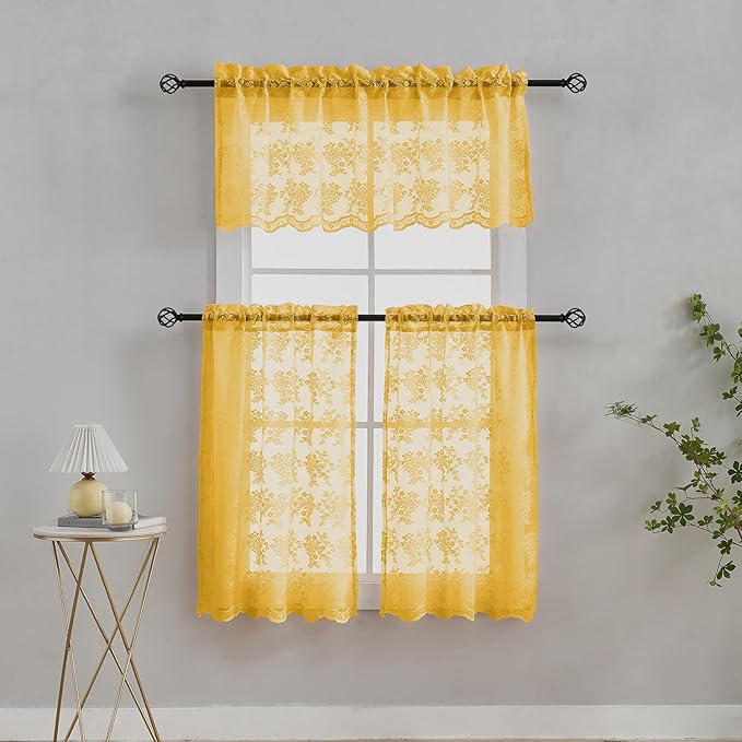 YJ YANJUN Vintage Lace Curtains Short - Mustard Yellow Floral Boho Cafe Curtains 30 Inch Length Sheer Coffee Cabinet Curtain Panels for Kitchen Bathroom Basement Retro Fall Decor Gold W26xL30 Inch