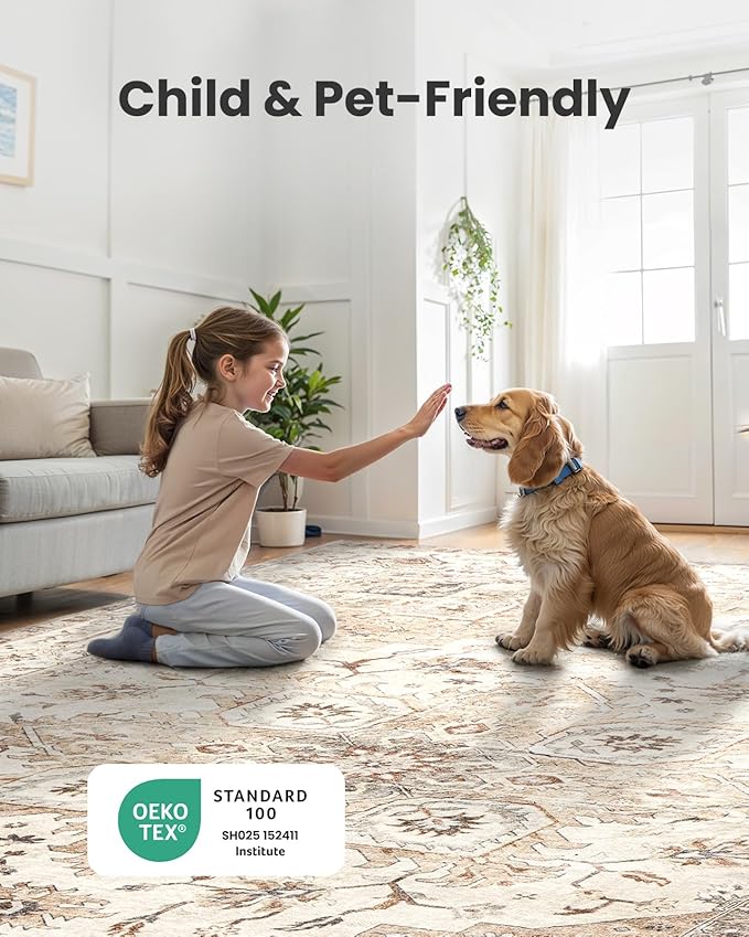 Amada 8x10 Area Rugs, Low-Profile Large Washable Area Rug with Non-Slip Backing & Durable Edge Binding, Vintage Rugs for Living Room, Bedroom, Dinning Room