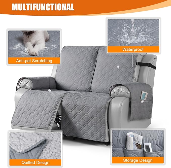 VANSOFY Waterproof Recliner Couch Covers, Sofa Covers 1-Piece Washable Reclining Sofa Cover Non-Slip Furniture Protector with Elastic Straps Pocket for Dogs, Pets(Light Gray,Oversized 2 Seater)
