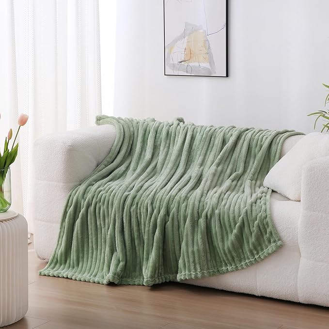 Sage Green Fleece Throw Blanket 90”×90” for Couch Sofa Bed,Super Soft Cozy Plush Microfiber Flannel Blanket with Stripes Design Lightweight for Adults,Woman,Girls