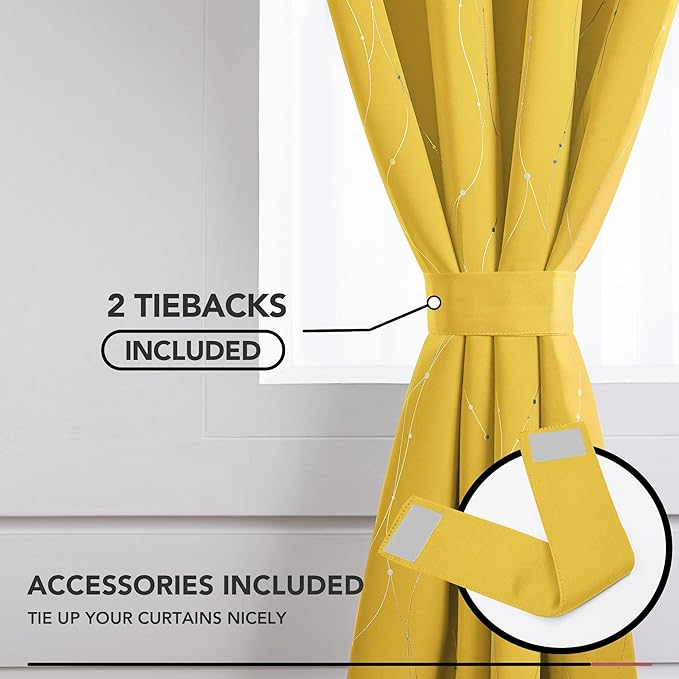Deconovo Blackout Curtains 108 Inches Long, Yellow Drapes with Wave Dots Foil Print, Thermal Insulated Soundoroof Curtain for Living Room Bedroom, 52 x 108 Inch, Machine Washable Panels, Set of 2