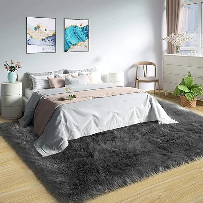 Latepis Living Room Rugs 8x10 Area Rugs for Living Room Dark Grey Faux Sheepskin Fur Rug for Bedroom Washable Fluffy Rug for Office Entertainment Home Décor
