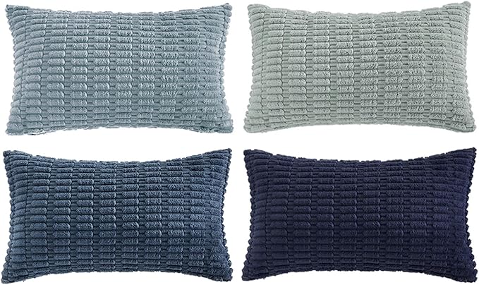 Fancy Homi Set of 4 Blue Long Lumbar Rectangle Decorative Throw Pillow Covers 12x24 Inch for Couch Bed Chair, Farmhouse Boho Room Decor, Soft Fuzzy Corduroy Textured Coastal Blue Cushion Case 30x60cm