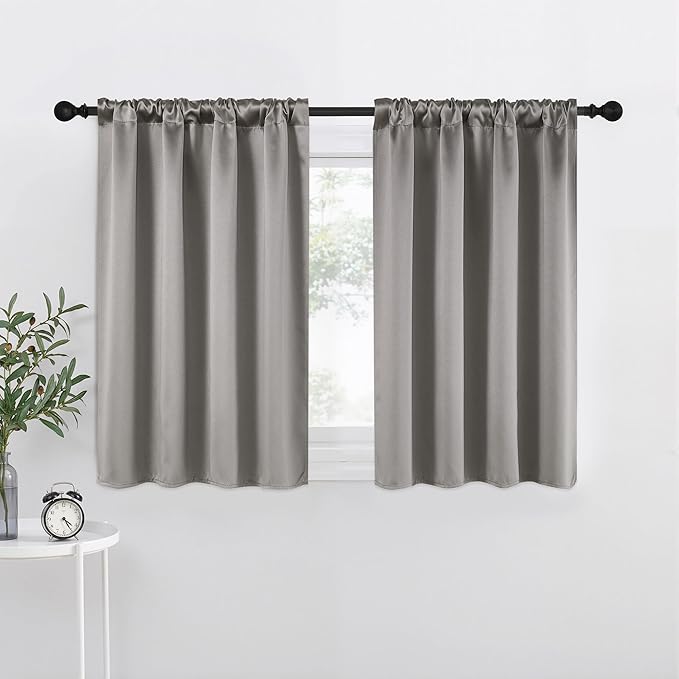 NICETOWN Room Darkening Cafe Satin Curtains for Small Windows, 42" Wide by 36" Long, 2 Panels, Chrome Gray, Rod Pocket Privacy Blackout Drapes for Laundry Room