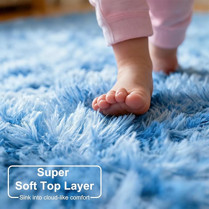 Amdrebio Tie-Dyed Light Blue Round Circle Rug 4Ft for Girls Bedroom, Soft Fluffy Cute Area Rugs for Kids, Boys Room Decor, Stitch Plush Shaggy Fuzzy Carpet for Baby Nursery Classroom Dorm Playroom