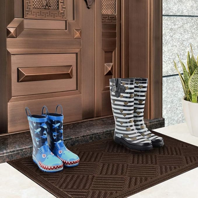 Mibao Front Door Mat, Dirt Trapper Welcome Mat for Outdoor Indoor, Non-Slip Waterproof Doormat, Durable Machine Washable Low Profile Entry Rug for Back Door Outside Patio, 61.5" x 36", Coffee Grid