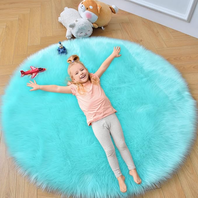 duduta Turquoise Blue Faux Sheepskin Round Rug 4x4 ft, Fluffy Shag Fur Bedroom Nursery Kids Playroom Rug Dorm Decor Non Slip Washable