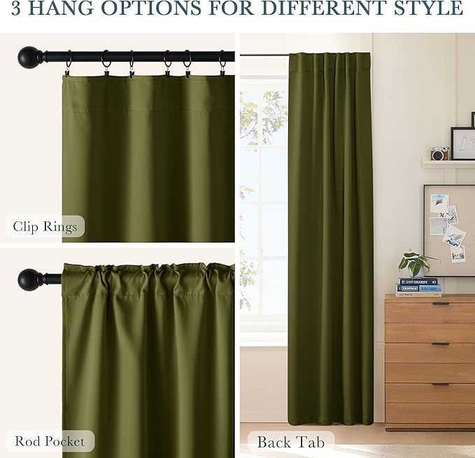 PONY DANCE Blackout Kitchen Curtains - Window Drapes Rod Pocket & Back Tab Energy Efficient Curtain Panels Xmas Home Decor for Kids' Room, 42-inch Wide by 45 Long, Olive Green, 2 PCs