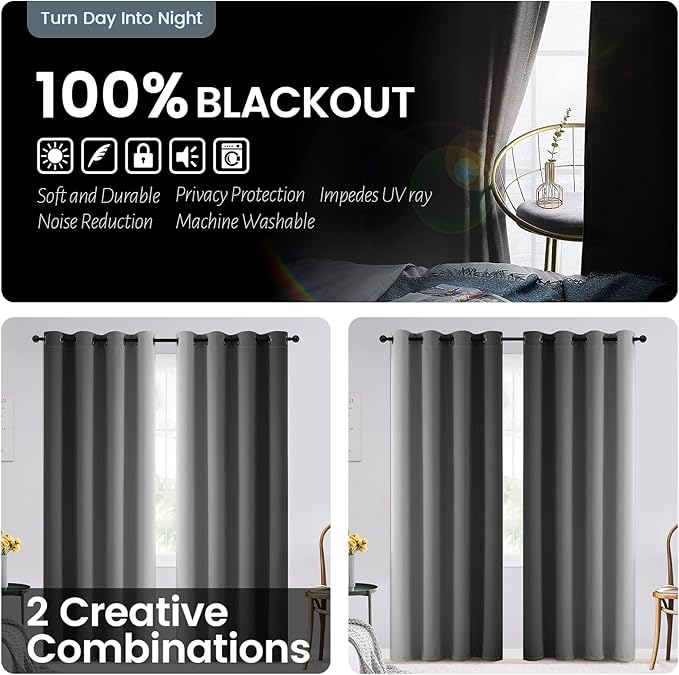 SimpleHome Grey and Greyish White Blackout Curtains for Bedroom 72 Inches Long, Room Darkening Grommet Curtains for Living Room,Thermal Insulated Ombre Drapes,2 Panels, 52x72 inches Length
