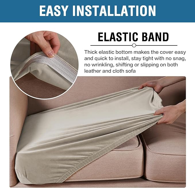 H.VERSAILTEX Velvet Stretch Couch Cushion Cover Plush Cushion Slipcover for Loveseat Cushion Furniture Protector Seat Cushion Sofa Cover (2 Piece Medium Sofa Cushion Covers, Oatmeal)