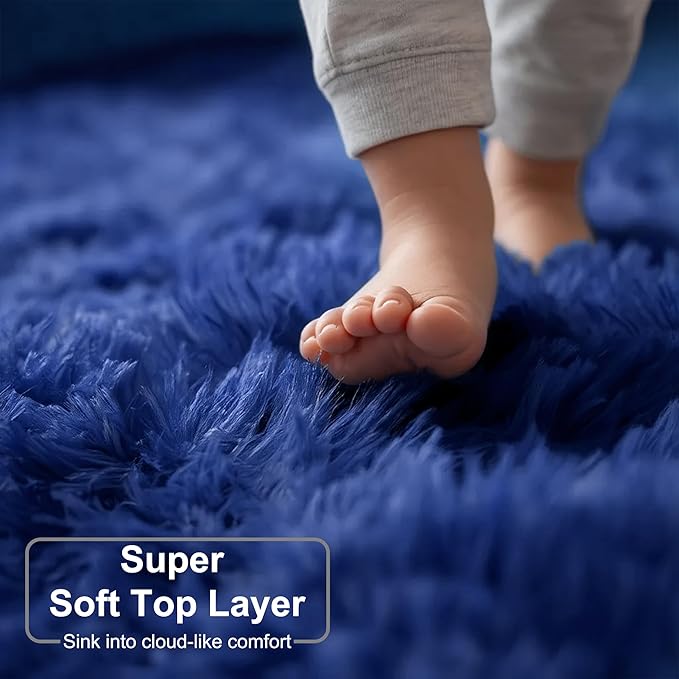 Navy Blue Round Rug 7Ft for Living Room Bedroom, Large Fluffy Fuzzy Circle Area Rugs for Teen Boys Baby Kids, Cute Shaggy Plush Floor Royal Dark Blue Carpet for Dorm Nursery Playroom Decor Aesthetic