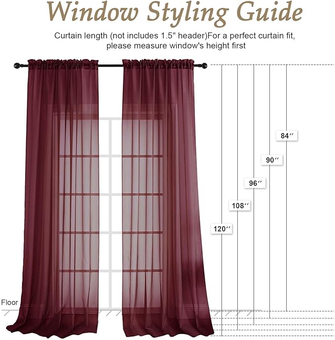 OVZME Burgundy Bedroom Curtains 96 Length for Farmhouse, 59 Inch Extra Wide Light Filtering Voile Drapes Light Airy Window Decor for Patio Door Living Room Bedroom Dining, 59Wx96L Inches