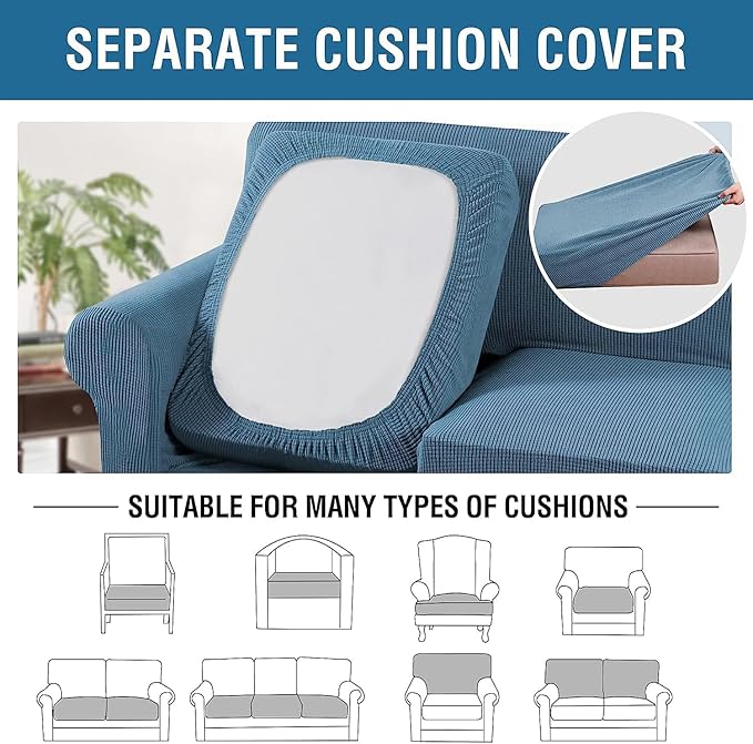 H.VERSAILTEX 4 Piece Stretch Sofa Covers for 3 Cushion Couch Covers for Living Room Furniture Slipcovers (Base Cover Plus 3 Seat Cushion Covers) Thicker Jacquard Fabric (Large Sofa, Dusty Blue)