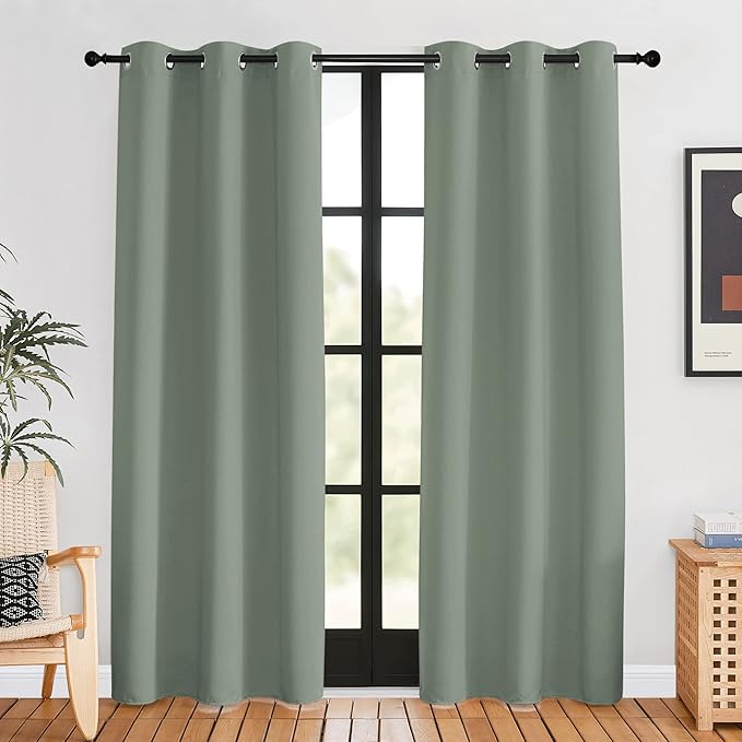 NICETOWN Window Curtain Panels, Greyish Green, 1 Pair, 42 by 80-inch, Thermal Insulated Solid Grommet Blackout Draperies/Drapes for Basement