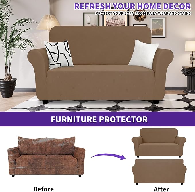 ZNSAYOTX Super Stretch Loveseat Covers (57"-70"), New Striped Love Seat Slipcover, Dogs Pet Friendly Anti-Slip Couch Protector Spandex Durable 2 Seater Fabric Sofa Cover (Light Coffee, Loveseat)