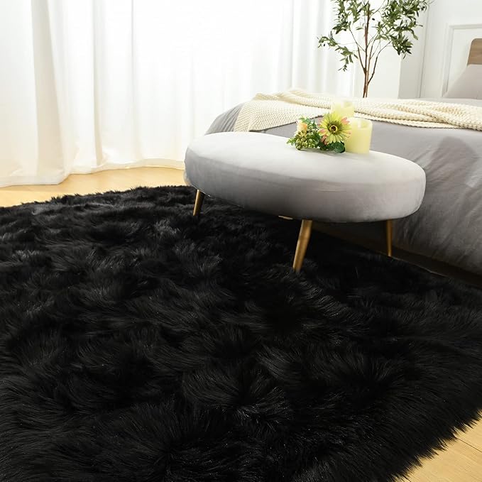 LOCHAS Soft Fluffy Faux Fur Rugs for Bedroom Bedside Rug 3x5 Feet, Washable, Furry Sheepskin Area Rug for Living Room Girls Room, Luxury Shag Carpet Home Decor, Black