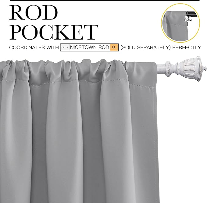 NICETOWN Kitchen Window Curtains 63 Long - Home Decoration Thermal Insulated Rod Pocket Blackout Blinds & Drapes for Small Windows (Silver Grey, 2 Panels, W34 x L63 -Inch)