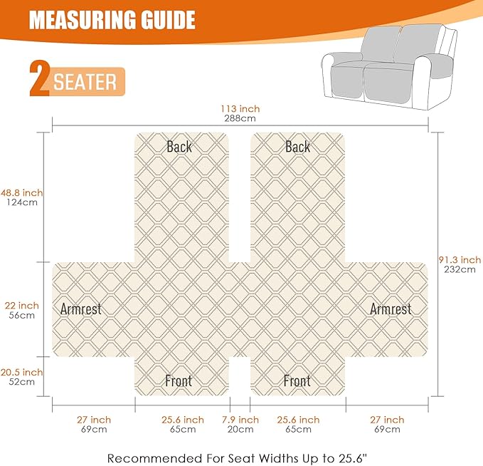 VANSOFY Waterproof Recliner Couch Covers, Sofa Covers 1-Piece Washable Reclining Sofa Cover Non-Slip Furniture Protector with Elastic Straps Pocket for Dogs, Pets(Brown,2 Seater)
