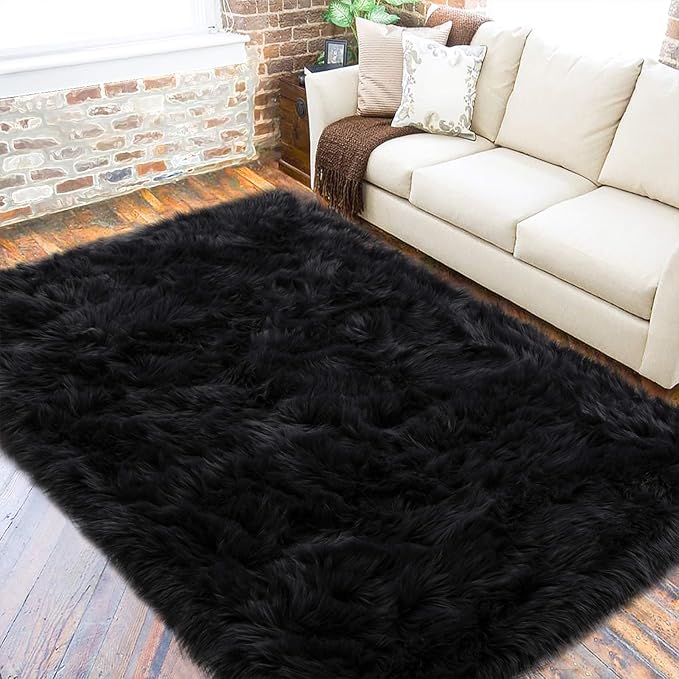 LOCHAS Soft Fluffy Faux Fur Rugs for Bedroom Bedside Rug 3x5 Feet, Washable, Furry Sheepskin Area Rug for Living Room Girls Room, Luxury Shag Carpet Home Decor, Black