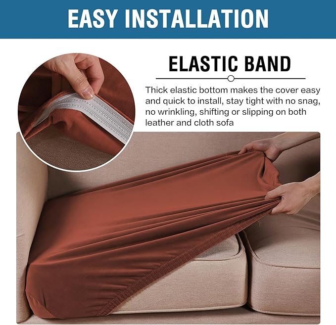 H.VERSAILTEX Velvet Stretch Couch Cushion Cover Plush Cushion Slipcover for Chair Loveseat Sofa Cushion Furniture Protector Seat Cushion Sofa Cover (3 Piece XL Sofa Cushion Covers, Rust)