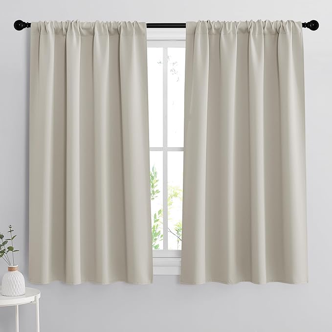 RYB HOME Short Curtains for Bedroom, Room Darkening Insulated Summer Heat Light UV Blocking Energy Saving Drapes for Nursery, Width 42 by Length 48, Natural, Set of 2