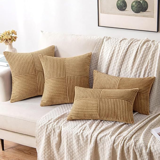 MIULEE Brown Decorative Throw Pillow Covers 20x20 Inch for Couch Bed Sofa Pack of 2 Boho Farmhouse Throw Pillows Soft Cross Corduroy Patchwork Textured Cushion Cases
