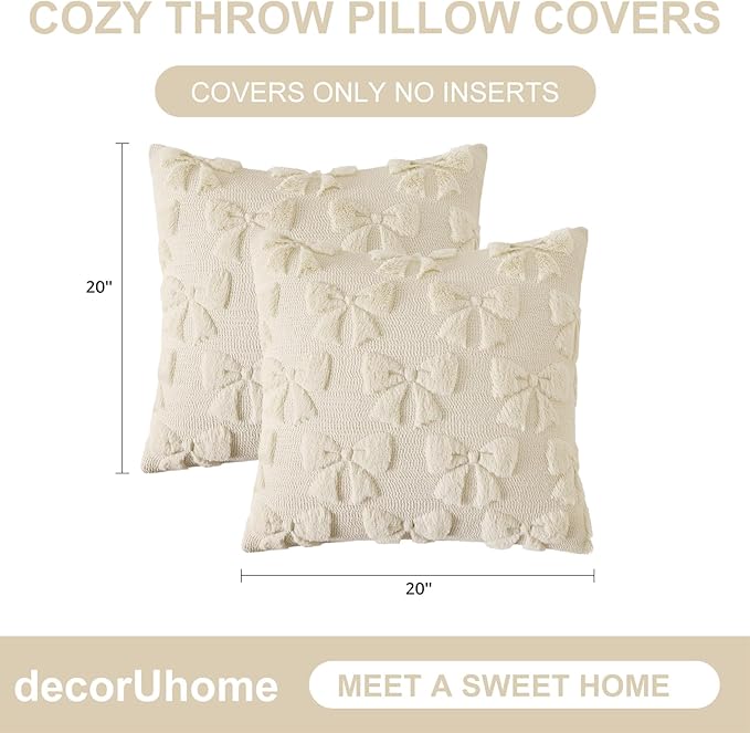 decorUhome Beige Bow Pillow Covers Set of 2 Coquette Aesthetic Cute Preppy Plush Faux Pillowcases for Girly Bedroom or Couch 20x20 Inch